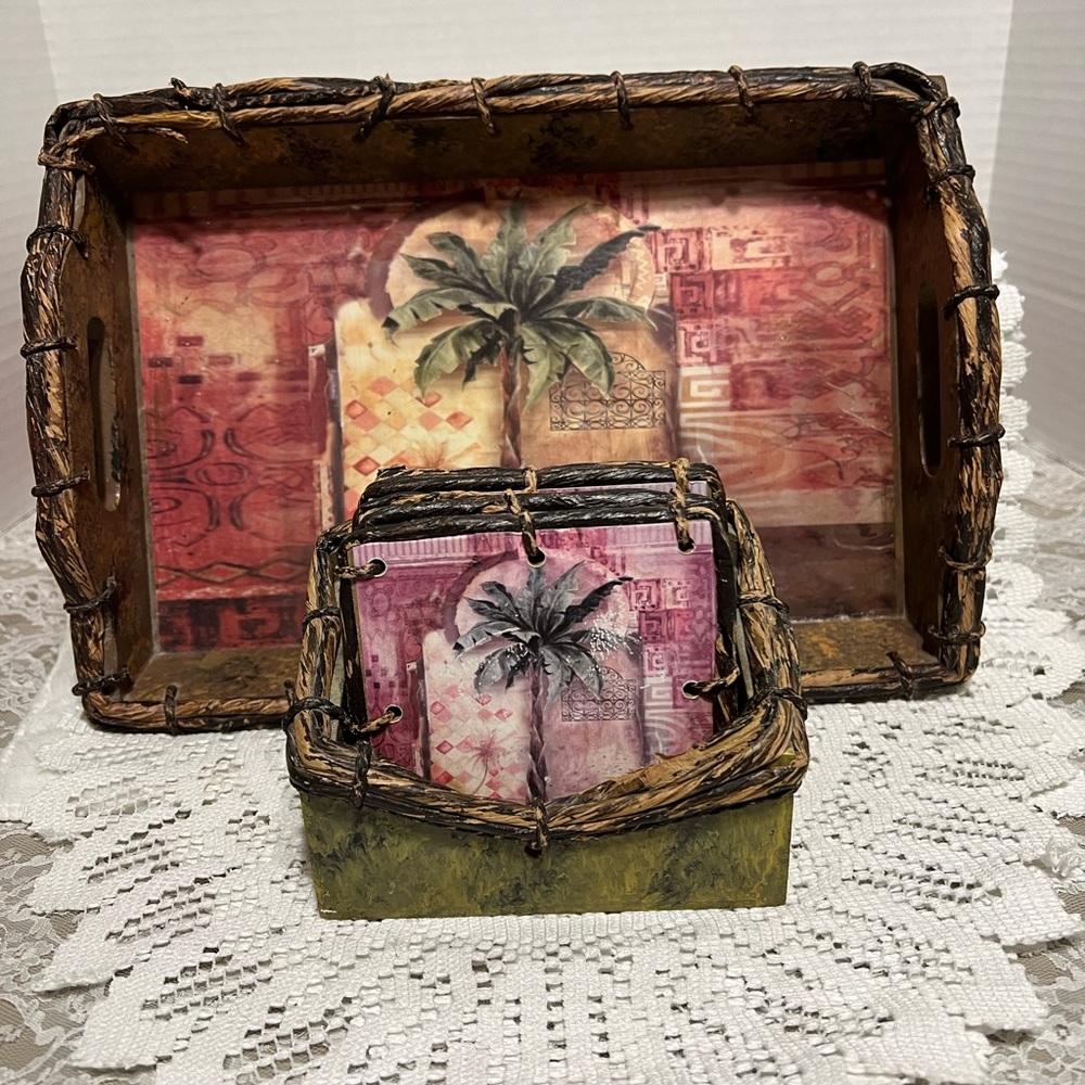Rustic looking coasters palm tree and matching serving tray